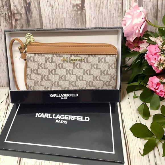 Karl Lagerfeld Paris Textured Faux Leather Wristlet Gold Tone Logo NIB - Picture 7 of 9